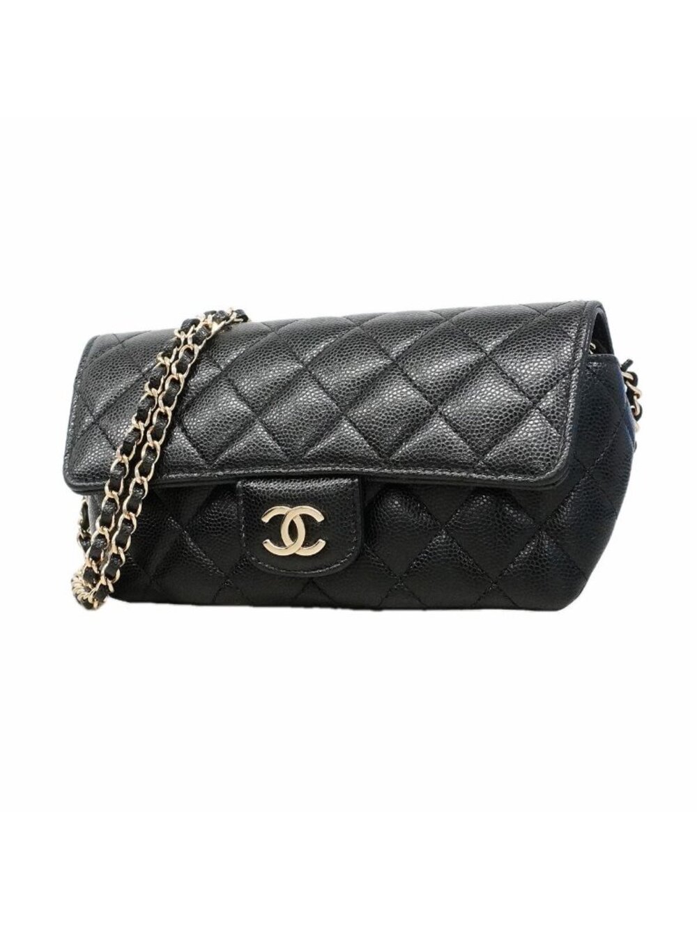 Chanel Shoulder Bag Quilted Caviar Leather Black Champagne Gold